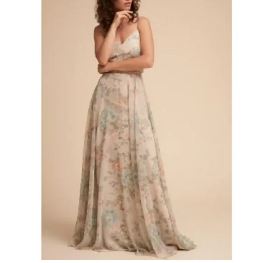 Jenny yoo Floral Maxi Dress in Cream and Blue